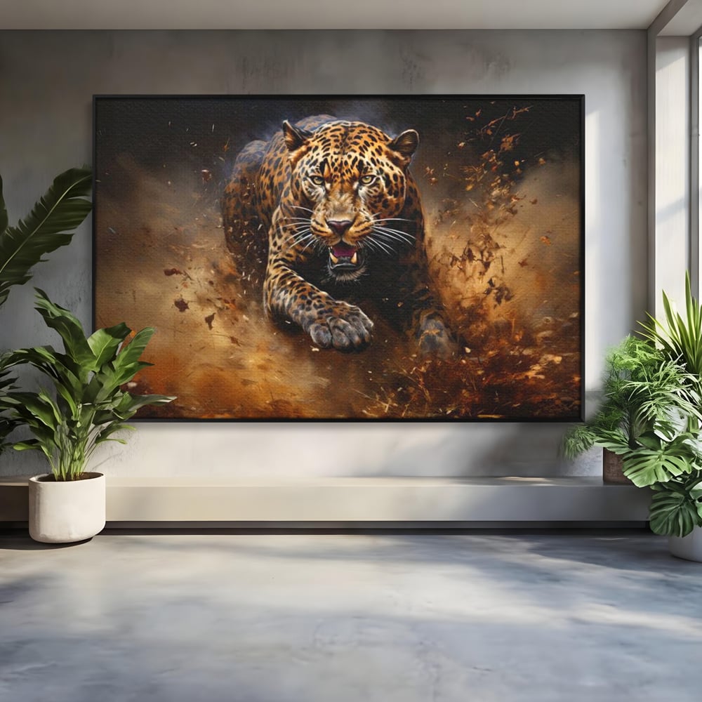 Tablou canvas cu tablou canvas cu leopard in alergare, in rama de aluminiu negru